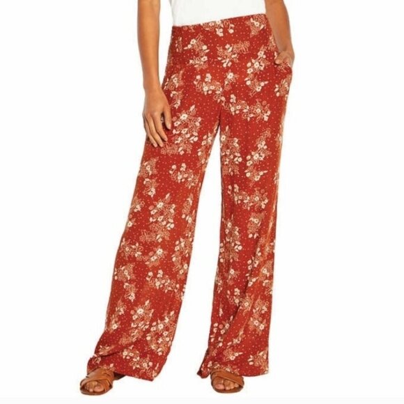 Three Dots Orange Floral Pull On Palazzo Pants Sz L - Picture 1 of 11